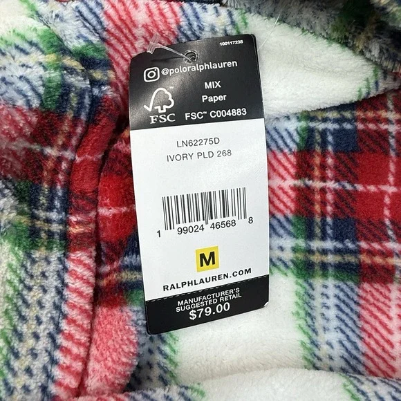 Ralph Lauren Women's Plush Soft Plaid Shawl-Collar Robe Cream Red MEDIUM NEW